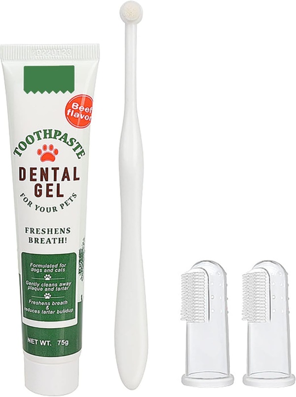 Pet Toothbrush and Toothpaste Teeth Brushing Kit Dog Cat Finger Toothbrush with Toothpaste Kit Beef Flavor Toothpaste Dog Plaque Removal Health Supplies