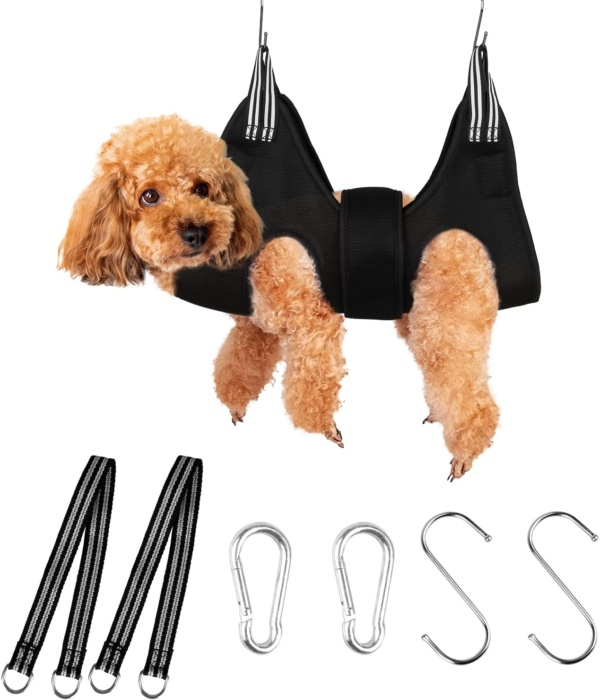 Upgraded Pet Grooming Hammock, Dog Grooming Harness Kit with Adjustable Velcro, Grooming Kit for Dog Cat Bathing, Grooming, Nail Trimming, Claw Care (L, Black)