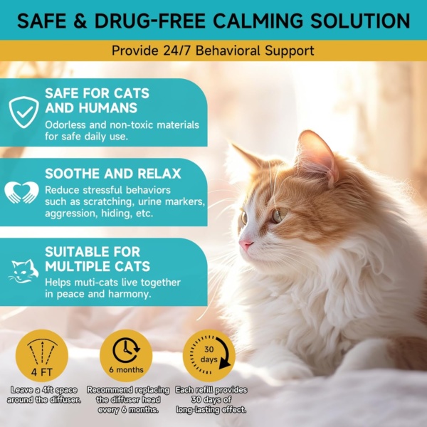 2 Pack Cat Calming Plug-in Refill, Calming Cat Pheromones Diffuser Refill - Cat Calming Diffuser Refills Relieve Anxiety & Stress 2 Month Supply, Fits All Common Diffuser Heads - Image 4