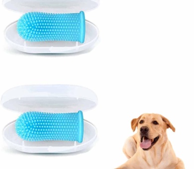 2 Pack Dog Toothbrush Silicone Cleaning Toothbrush Pet Finger Toothbrush 360º Pets Dog Cat Puppy Reusable Tooth Brush Breath Dental Care Pet Teeth Cleaning Kit with Storage Box - (Blue)