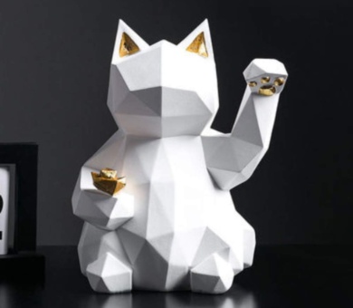 Geometric Animal Statue Lucky Cat Collectible Figurine Feng Shui Successful Career Luck and Fortune Charm Good Health,White,L