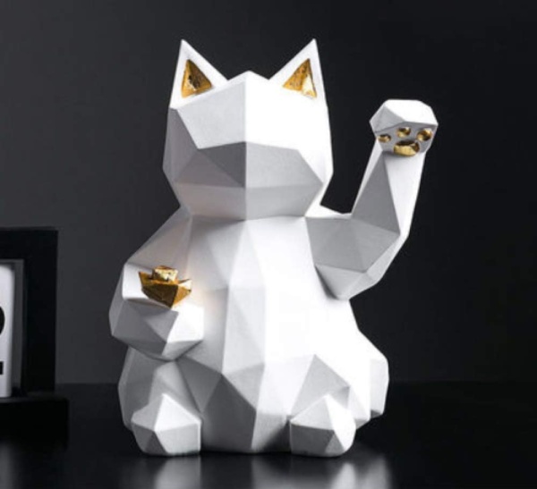 Geometric Animal Statue Lucky Cat Collectible Figurine Feng Shui Successful Career Luck and Fortune Charm Good Health,White,L