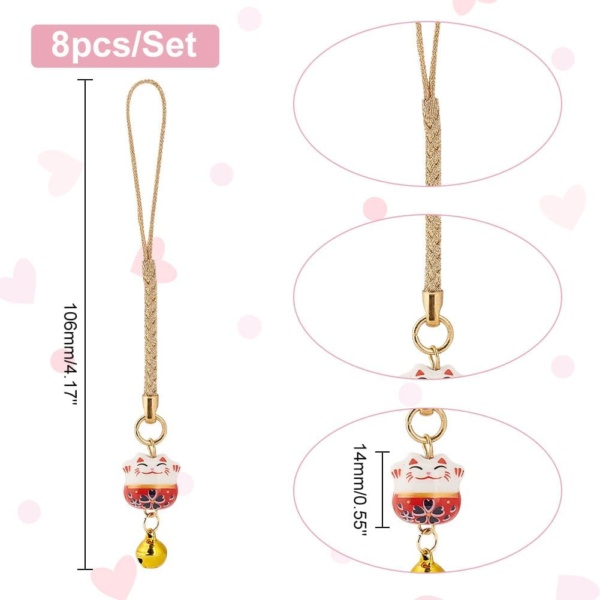 PH PandaHall 8pcs Lucky Cat Charm Beckoning Cat Keychains Japanese Maneki Neko Fortune Pendants Keyrings Wealth Health Cat Ornament Mobile Phone Pendant for Bag Backpack Wallet Christmas New Year - Image 2