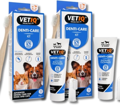 VETIQ Denti-Care Kit Twin Pack for Dogs 2+ Months & Cats 3+ Months Contains Enzymatic Toothpaste to Help Fight Tartar & Dental Plaque, Bamboo Toothbrush & a Silicone Finger Sleeve, (2 x 70 g)