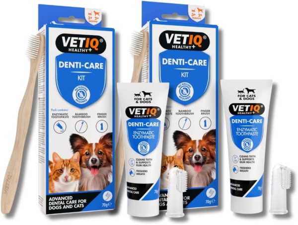 VETIQ Denti-Care Kit Twin Pack for Dogs 2+ Months & Cats 3+ Months Contains Enzymatic Toothpaste to Help Fight Tartar & Dental Plaque, Bamboo Toothbrush & a Silicone Finger Sleeve, (2 x 70 g)