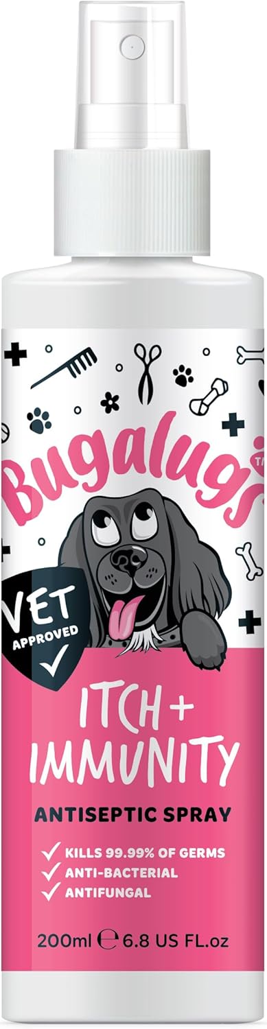 BUGALUGS Itch & Immunity Antiseptic Spray – Helps Soothe Itchy Skin, Paws, Ears - Licking, Scratching - Perfect for Small, Medium & Large Dogs