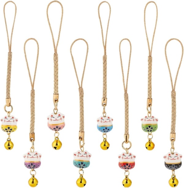 PH PandaHall 8pcs Lucky Cat Charm Beckoning Cat Keychains Japanese Maneki Neko Fortune Pendants Keyrings Wealth Health Cat Ornament Mobile Phone Pendant for Bag Backpack Wallet Christmas New Year