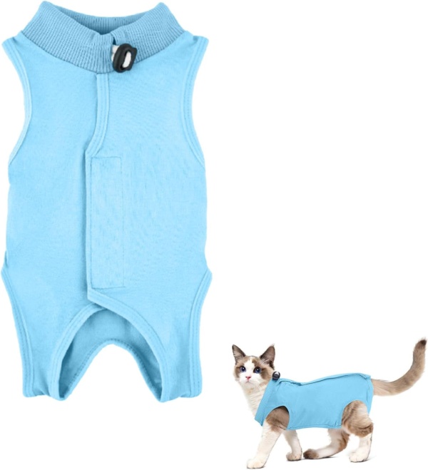 Cat Surgery Recovery Suit Cat After Surgery Bodysuit for Abdominal Wounds or Skin Diseases Kitten Surgical Onesie E-Collar Alternative for Cats and Dogs (Blue, S)