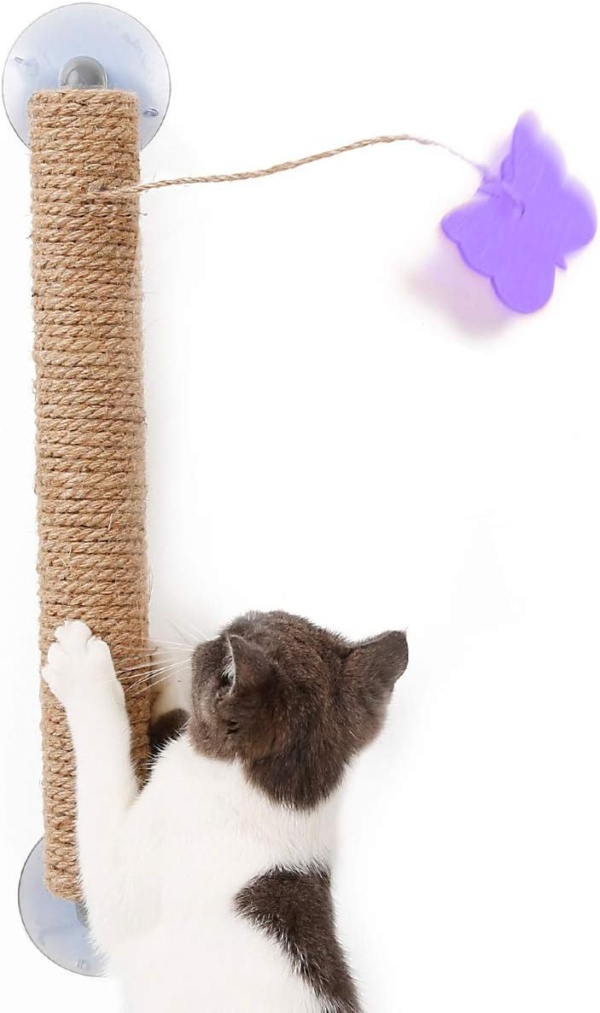 Cat Scratcher Post with Cat Toy. No Nails Required and Portable. for Wall, Window, Floor and Any Other Suction Cup Surface. Protect and Guard Furniture. Beneficial for Cat Health and Behavior.