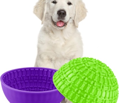 2 Pcs Dog Enrichment Lick Bowls Silicone Freeze Bowls Interactive Cat Licking Mats Slow Feeders for Pet Oral Health Boredom Anxiety Relief, Wobble or Stay Put(Green, Purple,Bone)
