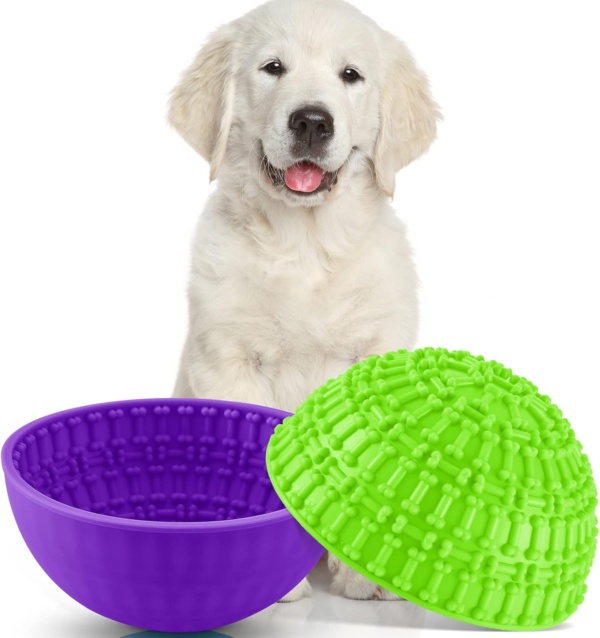2 Pcs Dog Enrichment Lick Bowls Silicone Freeze Bowls Interactive Cat Licking Mats Slow Feeders for Pet Oral Health Boredom Anxiety Relief, Wobble or Stay Put(Green, Purple,Bone)