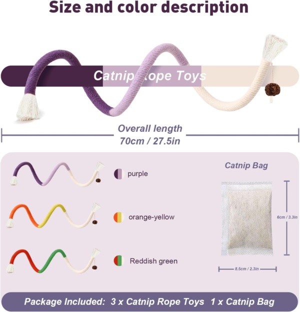 Natural Catnip Chew Rope for Cats – Pack of 3 (27 Inches Each) | Includes Refillable Catnip Pouch | Interactive Cat Toys for Indoor Cats & Kittens | Stress Relief, Dental Health & Enrichment Play - Image 6