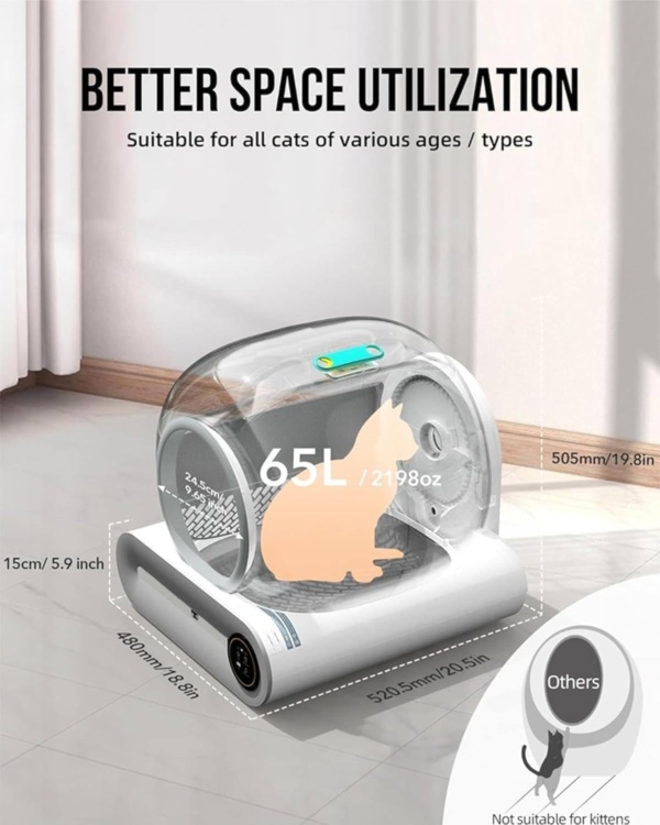 65L Self Cleaning Cat Litter Box, Dual Sensor Automatic Cat Toilet,With Odor Eliminator App Control & Health Monitor Includes Garbage Bags,For Multiple Cats - Image 4