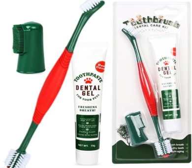 3pcs Pet Dental Care Kit Double-Ended Toothbrush Toothpaste Dogs Cat 360° Tooth Brushing Kit Finger Brushes Poultry Flavor Enzymatic Gum Toothpaste Reduce Plaque, Whiten Teeth, Freshen Breath