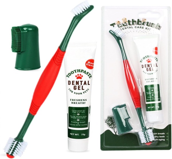3pcs Pet Dental Care Kit Double-Ended Toothbrush Toothpaste Dogs Cat 360° Tooth Brushing Kit Finger Brushes Poultry Flavor Enzymatic Gum Toothpaste Reduce Plaque, Whiten Teeth, Freshen Breath