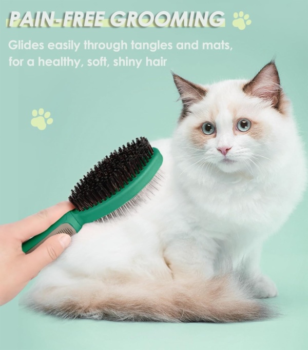 2-in-1 Dog Grooming Brush, Double Sided Pet Hair Brush with Rounded Pins & Bristles, for Short/Long Haired Dogs & Cats, Promotes Skin Health & Coat Cleanliness - Image 2