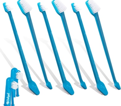 BOSHEL Dog Toothbrush Set - 8 Pack - 6 Long Handled Double-Sided Toothbrushes & 2 Finger Toothbrushes - Soft Nylon Bristles - Oral Care Kit for Dogs & Cats