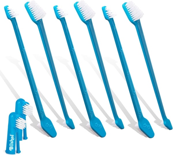 BOSHEL Dog Toothbrush Set - 8 Pack - 6 Long Handled Double-Sided Toothbrushes & 2 Finger Toothbrushes - Soft Nylon Bristles - Oral Care Kit for Dogs & Cats