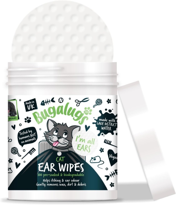 BUGALUGS Cat Ear Cleaner Cat Wipes 100 Biodegradable textured pre-soaked cat ear wipes. Pet Wipes Cat Ear Cleaner Solution Stops Head Shaking, Itching & Waxy Ears (100 Wipes)
