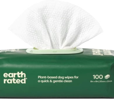 Earth Rated Hypoallergenic Pet Wipes for Dogs & Cats, Cleaning and Odour-Controlling Grooming for Paws, Body, and Butt, Unscented, 100 Count