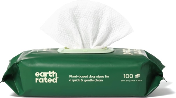 Earth Rated Hypoallergenic Pet Wipes for Dogs & Cats, Cleaning and Odour-Controlling Grooming for Paws, Body, and Butt, Unscented, 100 Count