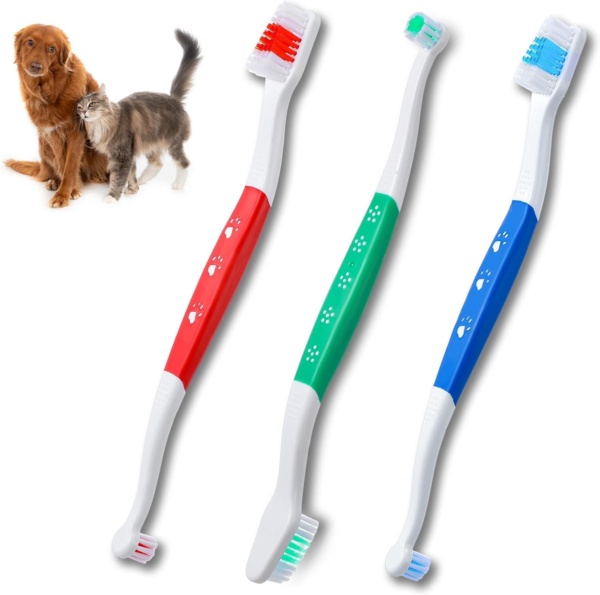3 Pcs Pet Toothbrushes Double Headed Convenient Soft Bristles Puppy Long Handle Easy Teeth Cleaning Dental Hygiene Care Tooth Brushes for Small to Large Dogs Cats and Most Pets