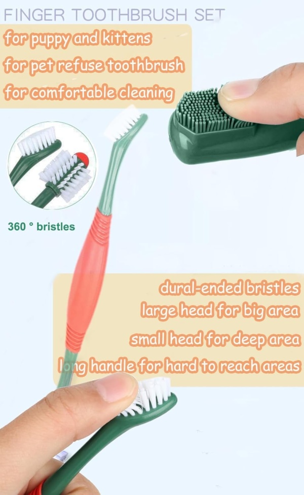 3pcs Pet Dental Care Kit Double-Ended Toothbrush Toothpaste Dogs Cat 360° Tooth Brushing Kit Finger Brushes Poultry Flavor Enzymatic Gum Toothpaste Reduce Plaque, Whiten Teeth, Freshen Breath - Image 4