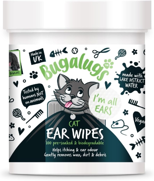 BUGALUGS Cat Ear Cleaner Cat Wipes 100 Biodegradable textured pre-soaked cat ear wipes. Pet Wipes Cat Ear Cleaner Solution Stops Head Shaking, Itching & Waxy Ears (100 Wipes) - Image 9