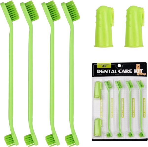 Dog Toothbrush 6 Pcs, Long Handle Double Head Pet Toothbrushes and Pet Finger Teeth Brush for Dogs Tooth Cleaner Care for Small to Large Dogs Cats Cleaning Mouth