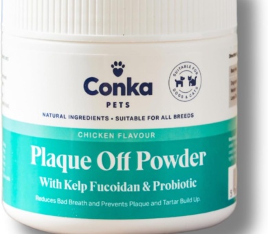 Conka Pets Plaque Off Powder - Dental Health Support, Reduces Tartar & Freshens Breath, Natural & Grain Free, Chicken Flavour Powder, Vet Recommended Oral Care Supplement/Support