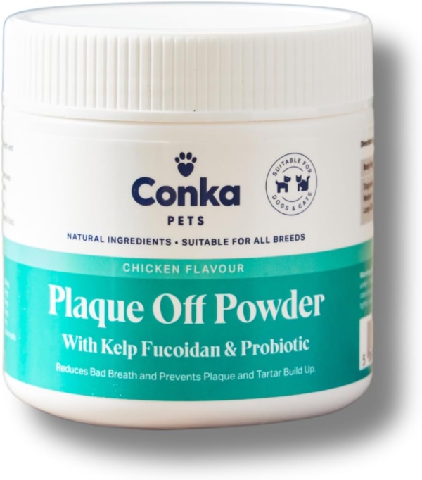 Conka Pets Plaque Off Powder - Dental Health Support, Reduces Tartar & Freshens Breath, Natural & Grain Free, Chicken Flavour Powder, Vet Recommended Oral Care Supplement/Support