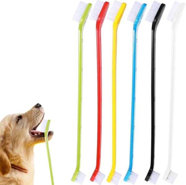 Pack of 6 Dog Toothbrush Set, Double Ended Dog & Cat Dental Oral Care Toothbrush, Long Handle Pet Teeth Brush for Dogs Tooth Cleaner Care for Small to Large Dogs Cats