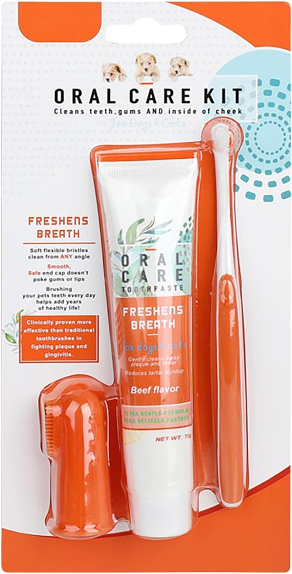 Dog Toothbrush with Toothpaste|Dog Dental Care Set|with Beef Flavor Toothpaste & Finger Brush & Soft Bristle Toothbrush|Dogs & Cats Dental Kit Against Bad Breath