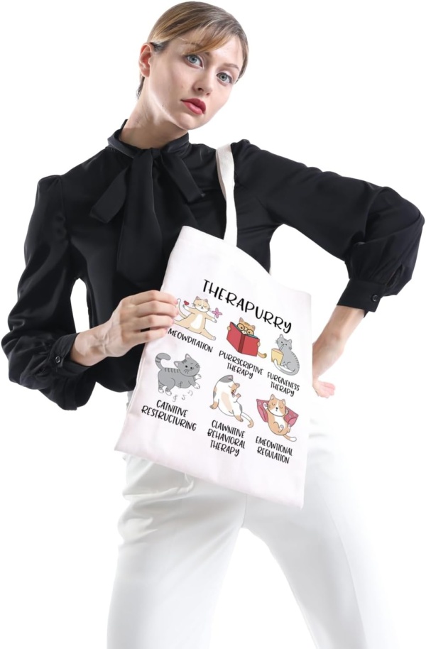 POFULL Therapurry Cats Puns Gift Emotional Regulation Mental Health Cats Gift Cats Lover Gift Therapist Cats Lover Tote Bag - Image 4