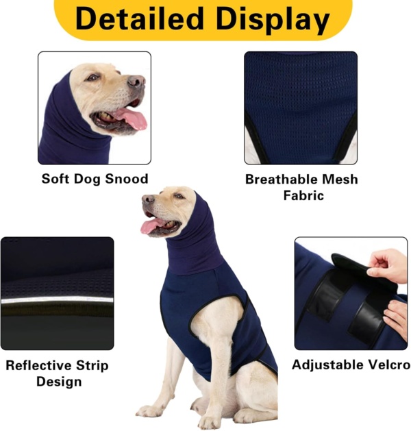Yanmucy Dog Calming Coat with Snood 2 in 1 Anxiety Relief Adjustable Jacket with Hoodie Ear Muffs for Nervous Dogs (Blue, XXL)