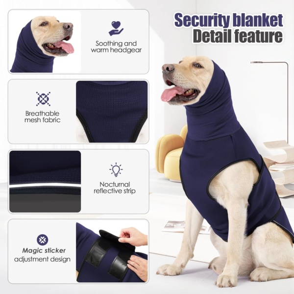 Lelepet Calming Coat with Ear Wrap, Turtleneck Dog Hoodie for Thunder, Fireworks, Comfortable Dog Soothing Shirt with Ear Muffs, Anxiety Relief Vest, Navy Blue M - Image 2