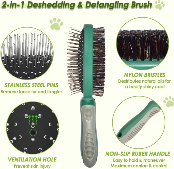 2-in-1 Dog Grooming Brush, Double Sided Pet Hair Brush with Rounded Pins & Bristles, for Short/Long Haired Dogs & Cats, Promotes Skin Health & Coat Cleanliness - Image 3