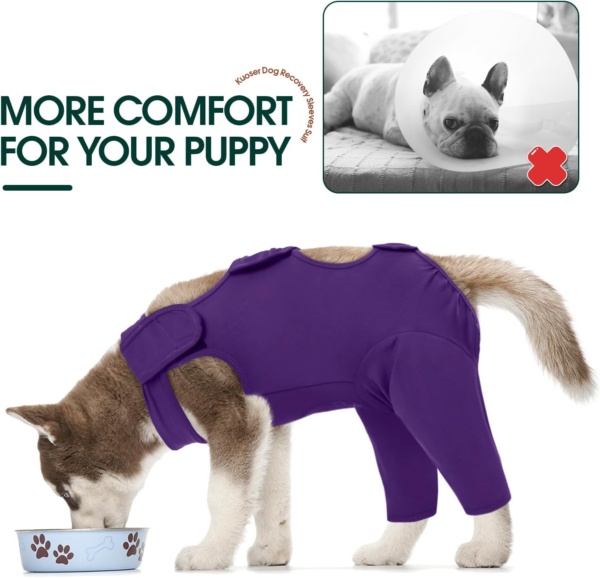 Kuoser Dog Recovery Suit - Post Surgery Body Suit with Legs, Comfortable Cone Alternative, Prevent Licking Dog Onesies, Purple S - Image 5
