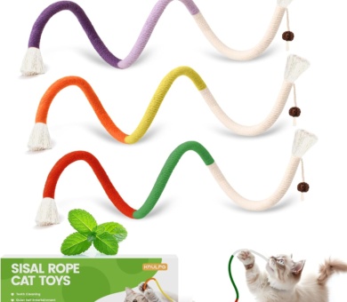 Natural Catnip Chew Rope for Cats – Pack of 3 (27 Inches Each) | Includes Refillable Catnip Pouch | Interactive Cat Toys for Indoor Cats & Kittens | Stress Relief, Dental Health & Enrichment Play