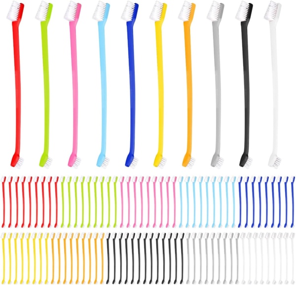 100pcs Dog Toothbrush, Dual Headed Soft Bristles Cat Toothbrush Anti-Slip Kitten Teeth Cleaning Double Headed Brush Easy Cleaning Dental Care Supplies for Dogs Cats Puppy Kitty Pets (10 Colors)