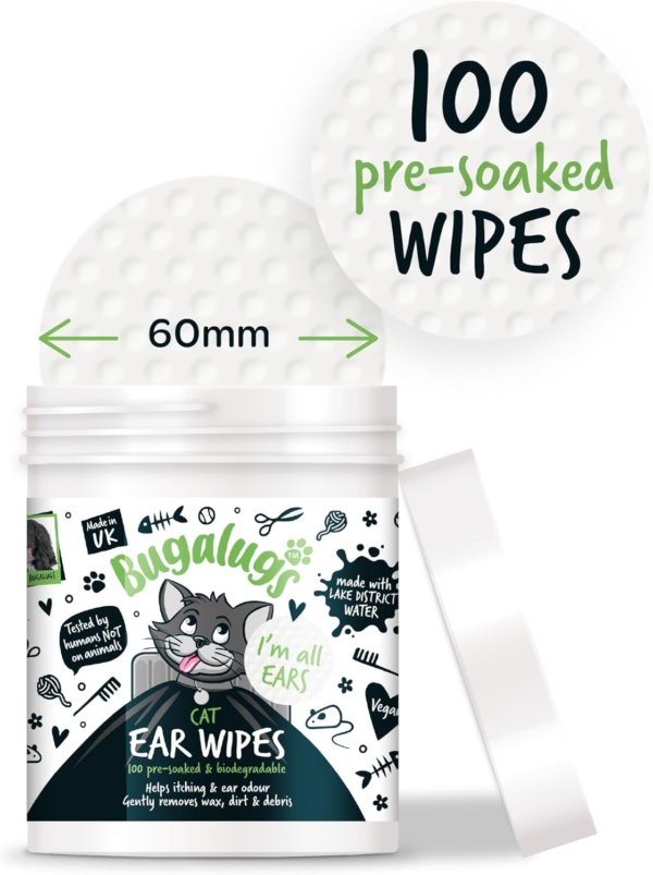 BUGALUGS Cat Ear Cleaner Cat Wipes 100 Biodegradable textured pre-soaked cat ear wipes. Pet Wipes Cat Ear Cleaner Solution Stops Head Shaking, Itching & Waxy Ears (100 Wipes) - Image 3