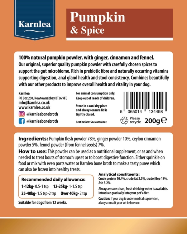 Pumpkin & Spice Whole Food Supplement Topper for Dogs 200g | Superior Pumpkin Powder with Added Gut Healthy Spices | Pumpkin Spice| Fibre Rich, Prebiotic, Anal Gland Health| Scooting (2 x 200g) - Image 2