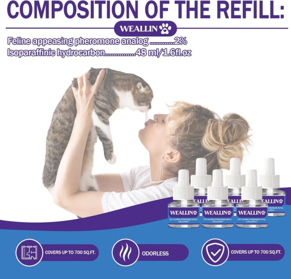 6 Pack Cat Calming Plug-in Refills - Cat Pheromone Diffuser Refills Relieve Anxiety & Stress 6 Month Supply, Cat Pheromones Calming Diffuser Refill(Fits All Common Diffuser Heads) - Image 5