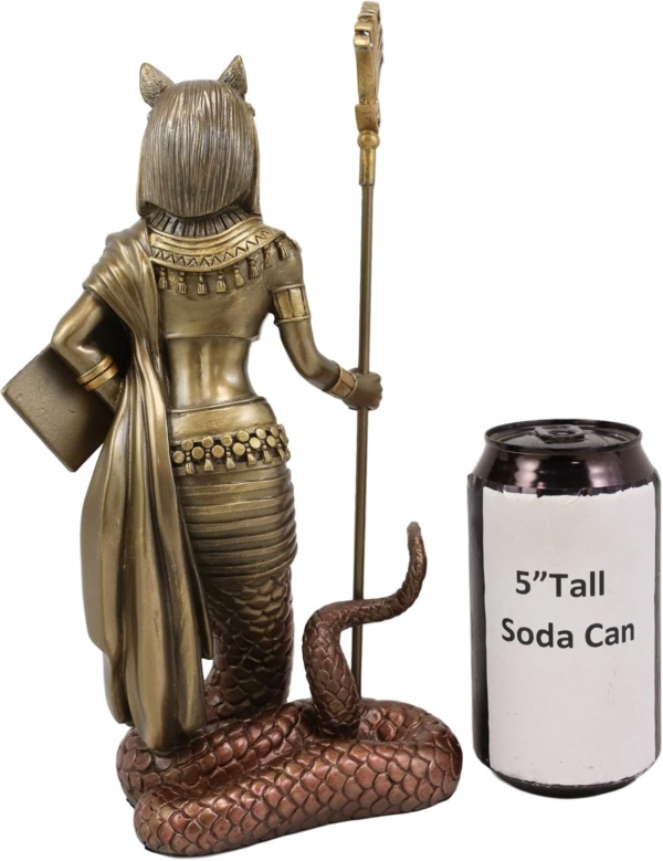 Ebros 11"H Egyptian Feline Goddess Bastet Cat With Slain Snake Apep Tail Holding Spear & Shield Statue 11"H Ubasti Bast Patron Of Protection Health Home Harvest Gods Of Egypt Figurine (Bronze Patina) - Image 5