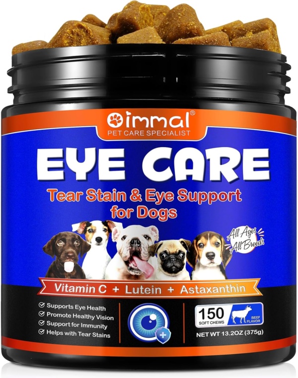 Tear Stain Remover for Dogs Eyes Support Soft Chews Treatment, 150pcs Natural Dog Eye Supplement with Lutein, Zeaxanthin, Astaxanthin, Antioxidants, Support Eyesight, Overall Eye Care, Beef Flavor