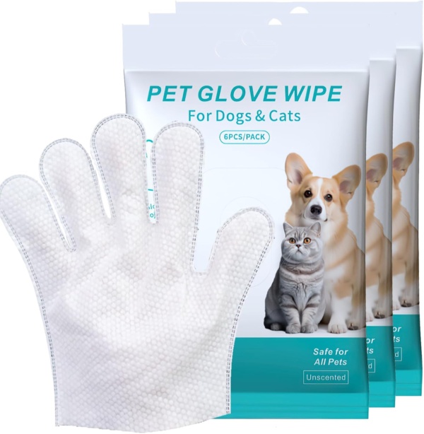 18 Pieces Pet Wipes for Dog and Cat Cleaning Gloves Deodorizing Hypoallergenic Grooming Wipes for Fur Face Paws Ears Butt,Waterless Wash Free Pet Glove Wipes for Daily Care & Traveling