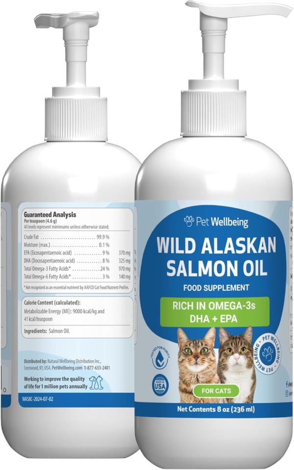 Wild Alaskan Salmon Oil for Cats - Wild-Caught, Cold-Processed, Daily Omega-3 Fish Oil for Healthy Coat and Skin, Joint Mobility and Strength - EPA, DHA - 8 fl oz (236 ml)