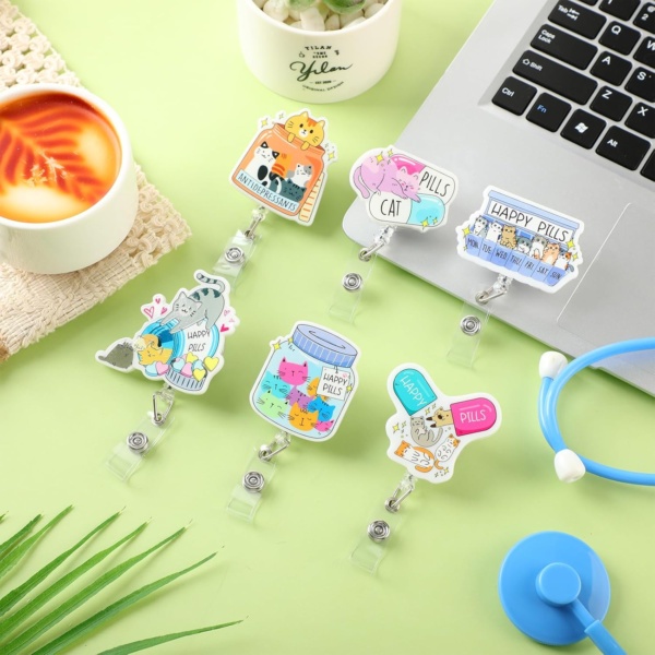 6 Pcs Cats Badge Reel Happy Pills Cat Lover Badge Clip Funny Mental Health Retractable ID Holder for Nurses Doctor Teacher Volunteer ID Card - Image 4