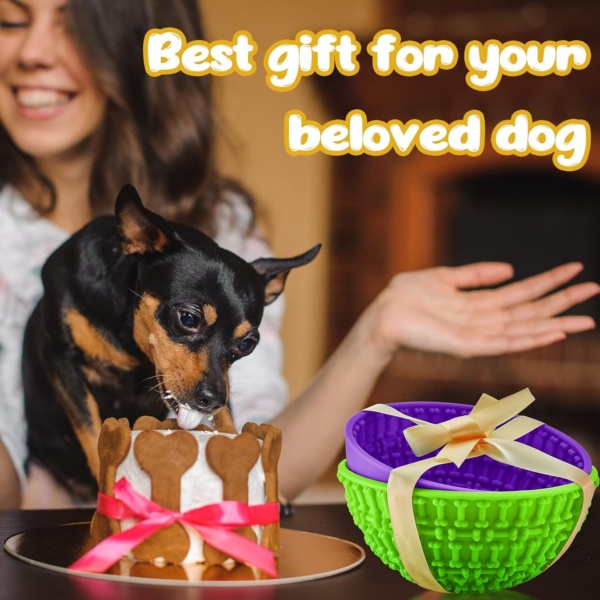 2 Pcs Dog Enrichment Lick Bowls Silicone Freeze Bowls Interactive Cat Licking Mats Slow Feeders for Pet Oral Health Boredom Anxiety Relief, Wobble or Stay Put(Green, Purple,Bone) - Image 4