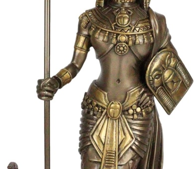 Ebros 11"H Egyptian Feline Goddess Bastet Cat With Slain Snake Apep Tail Holding Spear & Shield Statue 11"H Ubasti Bast Patron Of Protection Health Home Harvest Gods Of Egypt Figurine (Bronze Patina)